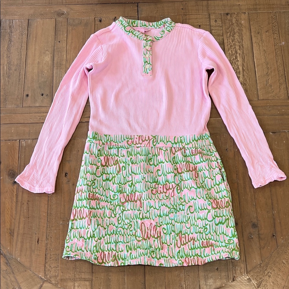 Lilly Pulitzer ribbed Henley dress girls 10 years pink green logo button front